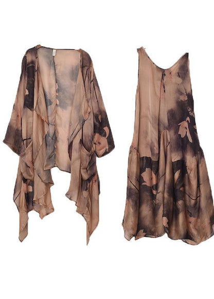 Khaki Print Asymmetrical Design Long Summer Chiffon Dress