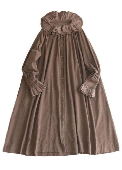 Khaki Ruffled Button Corduroy Long Dresses Spring