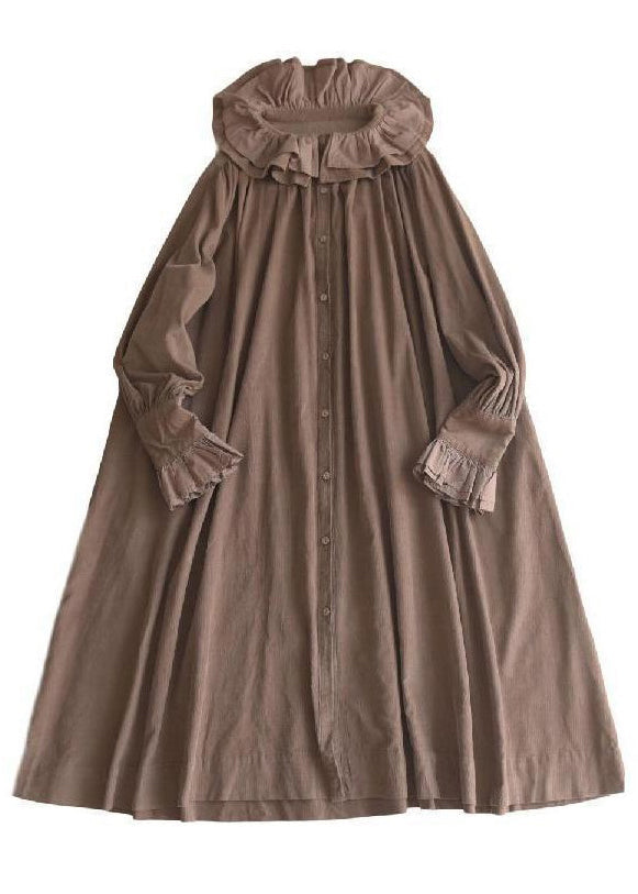 Khaki Ruffled Button Corduroy Long Dresses Spring