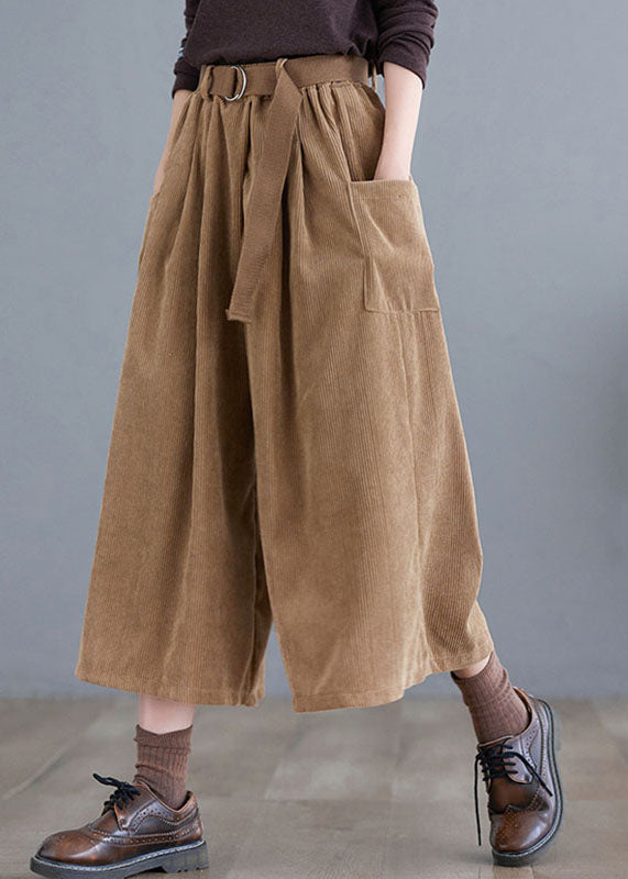 Khaki Sashes Corduroy Crop Wide Leg Pants