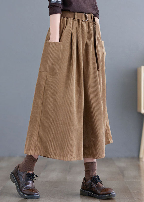 Khaki Sashes Corduroy Crop Wide Leg Pants