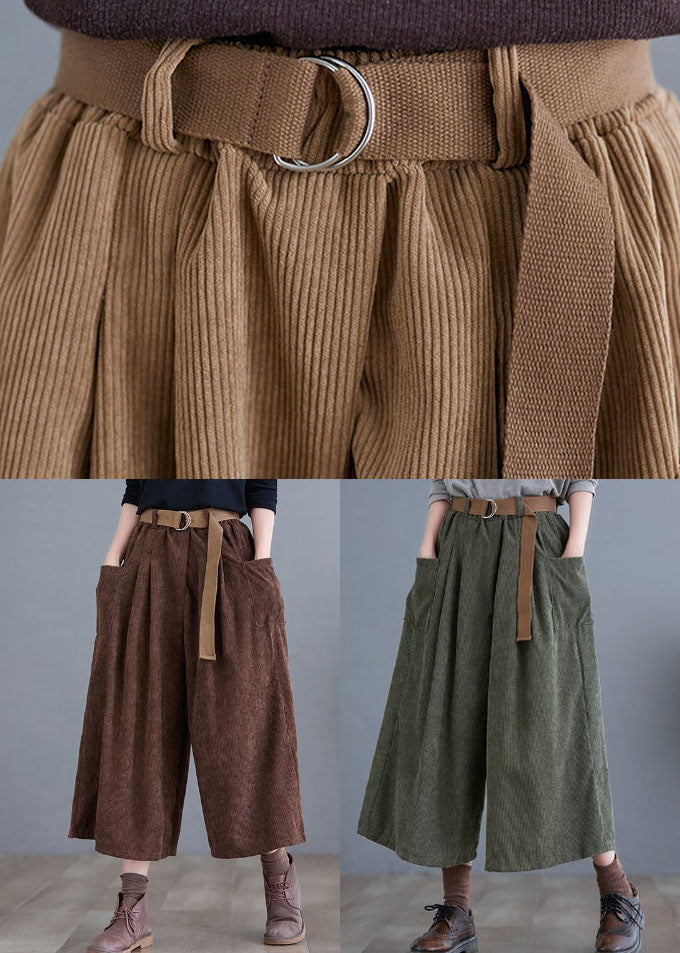 Khaki Sashes Corduroy Crop Wide Leg Pants