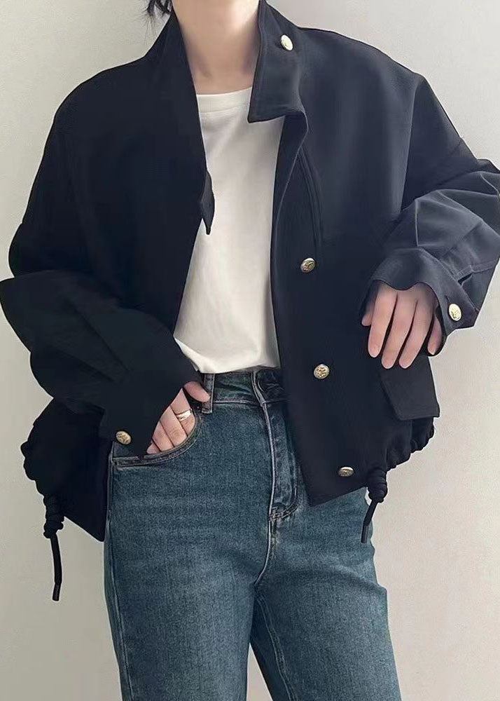 Khaki Stand Collar Patchwork Drawstring Coat Long Sleeve