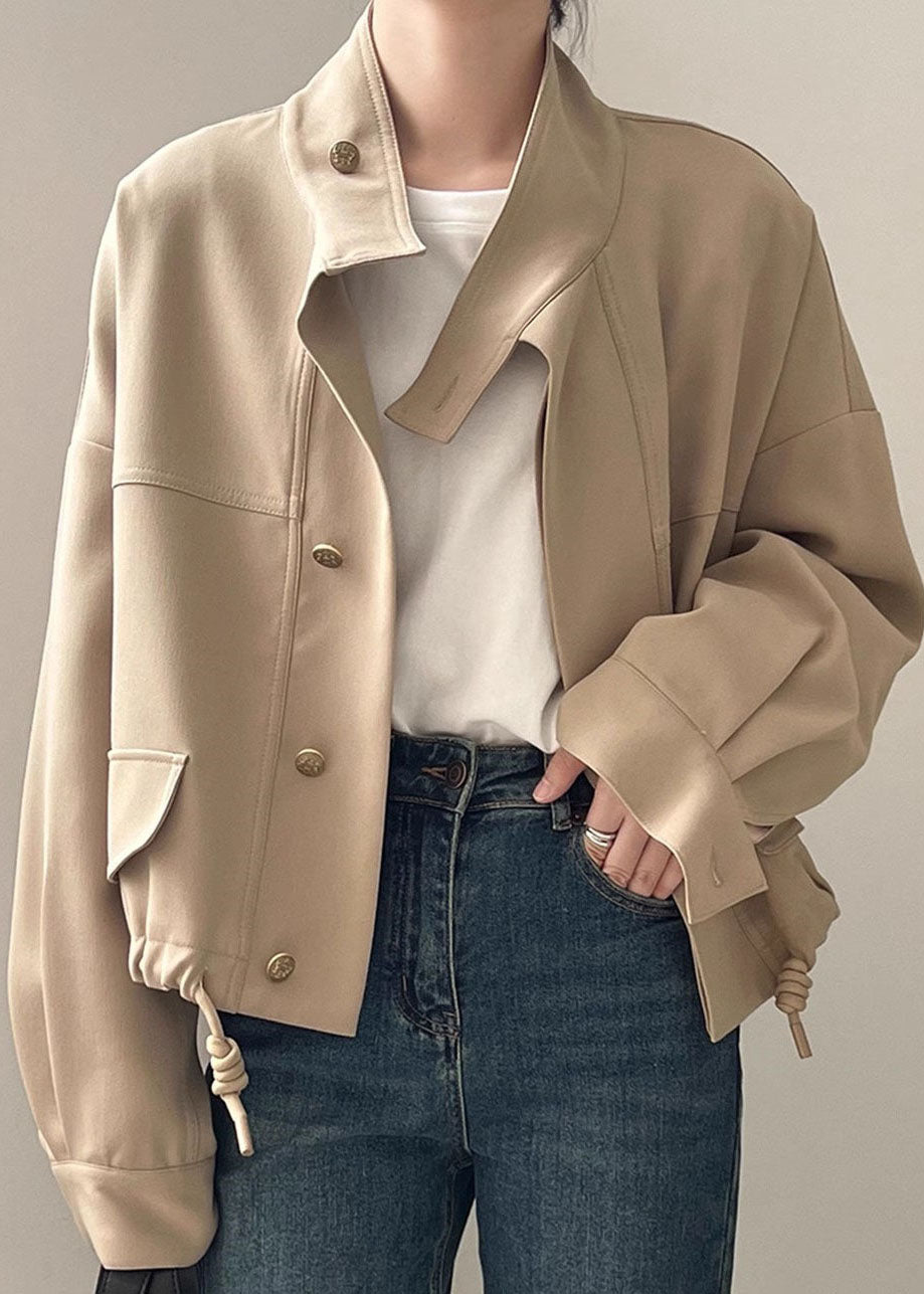 Khaki Stand Collar Patchwork Drawstring Coat Long Sleeve