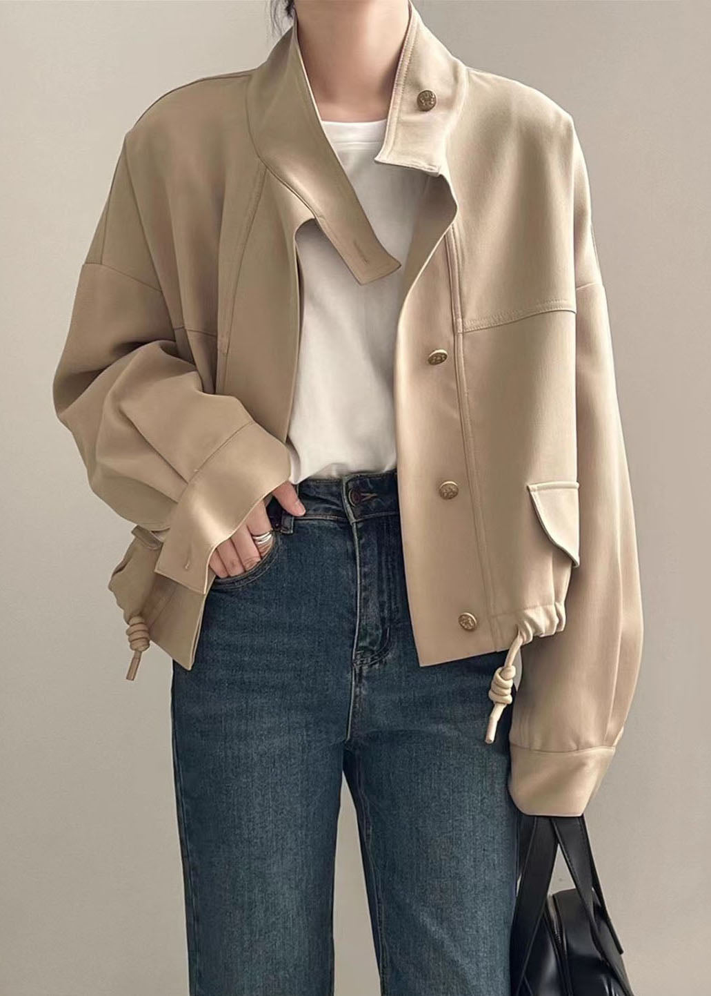 Khaki Stand Collar Patchwork Drawstring Coat Long Sleeve