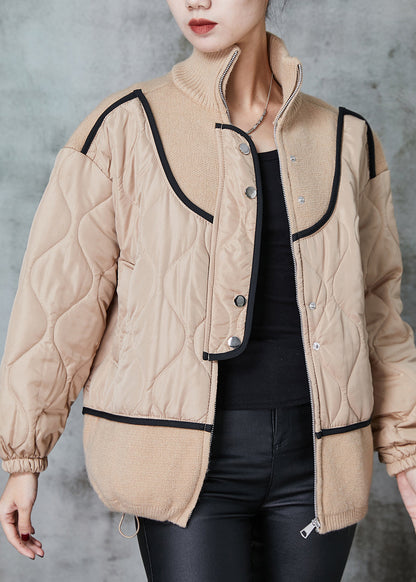 Khaki Stand Collar Patchwork Knit Fine Cotton Filled Coats Spring