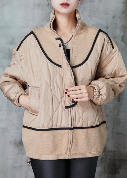 Khaki Stand Collar Patchwork Knit Fine Cotton Filled Coats Spring