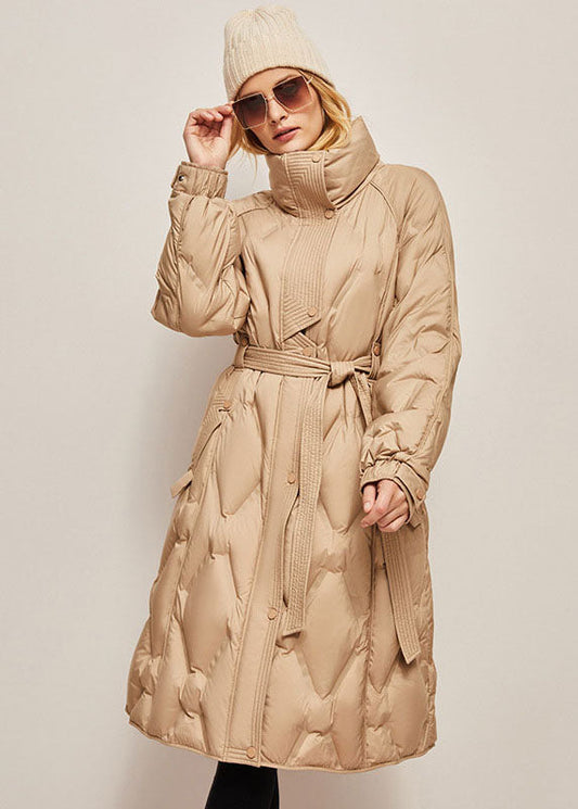 Khaki Stand Collar Zip Up Warm Duck Down Winter Cinch Coats