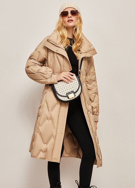 Khaki Stand Collar Zip Up Warm Duck Down Winter Cinch Coats
