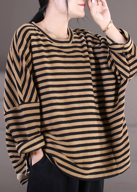 Khaki Striped O-neck Patchwork Sweatshirts Fall