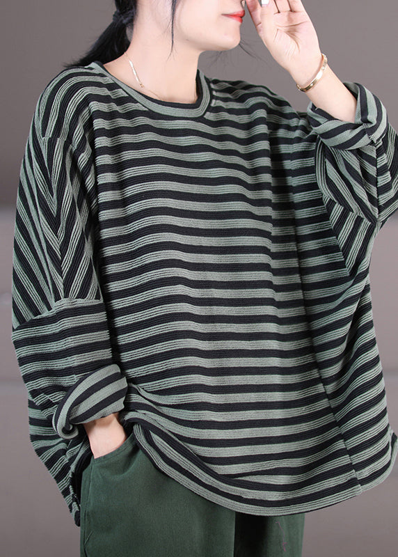 Khaki Striped O-neck Patchwork Sweatshirts Fall