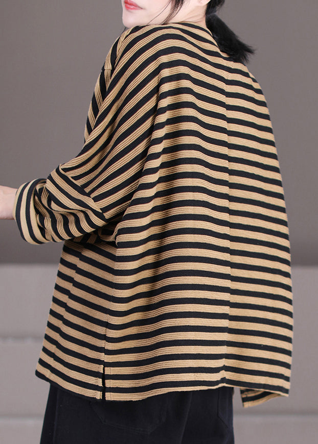 Khaki Striped O-neck Patchwork Sweatshirts Fall