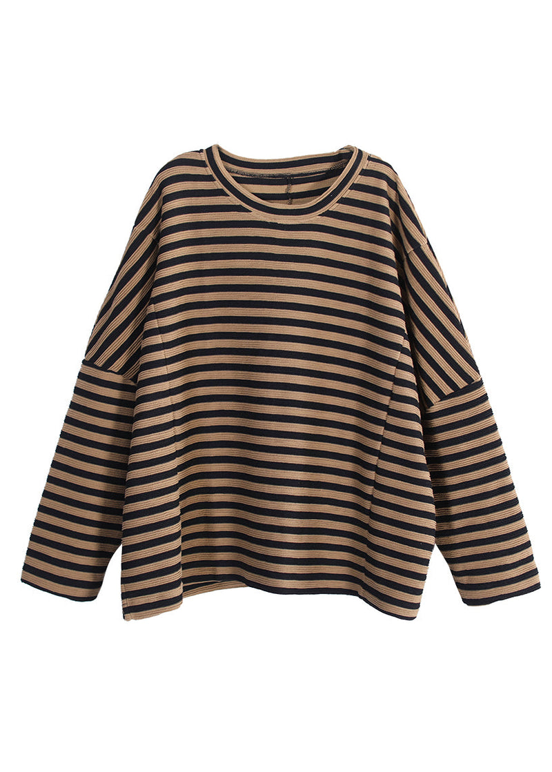 Khaki Striped O-neck Patchwork Sweatshirts Fall