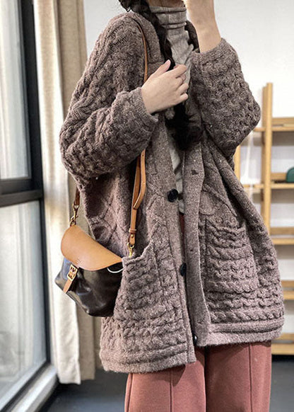 Khaki V Neck Cable Rabbit Hair Knit Loose Cardigans Winter