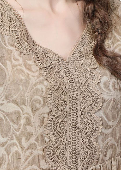 Khaki V Neck Lace Patchwork Wrinkled Tops Petal Sleeve