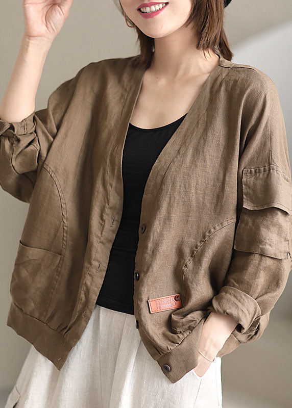 Khaki V Neck Loose Button Fall Long Sleeve Jacket