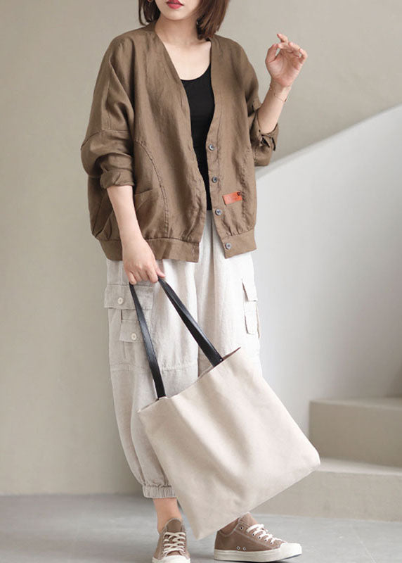 Khaki V Neck Loose Button Fall Long Sleeve Jacket