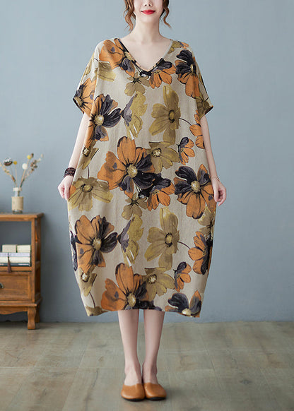Khaki Geometry V Neck Print Long Dress Short Sleeve