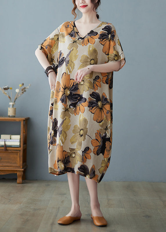 Khaki V Neck Print Long Dress Short Sleeve