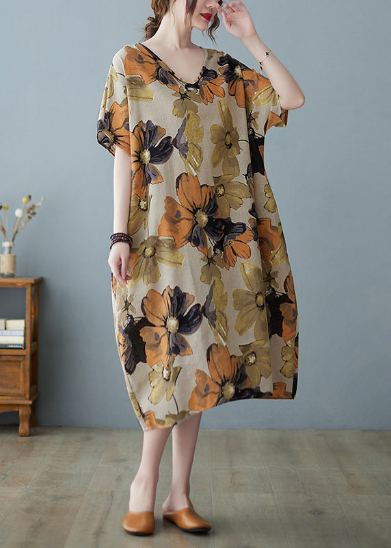 Purple Flowers V Neck Print Long Dress Short Sleeve