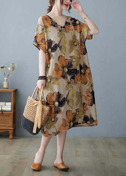 Purple Flowers V Neck Print Long Dress Short Sleeve