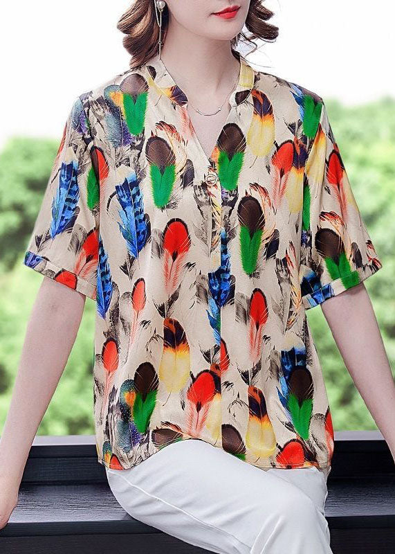 Khaki V Neck Print Silk Shirt Tops Short Sleeve