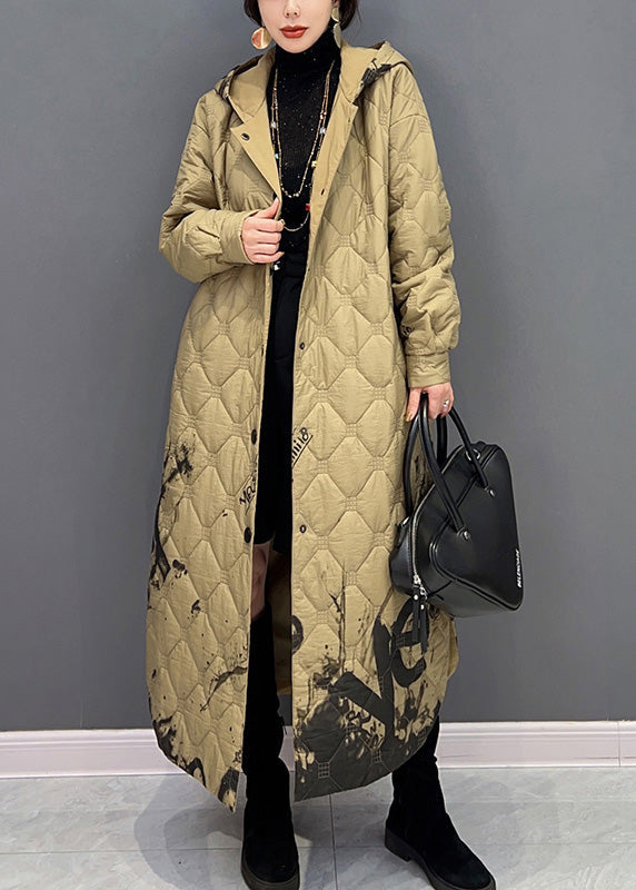 Khaki Warm Fleece Thick Button Long Hooded Parka Winter