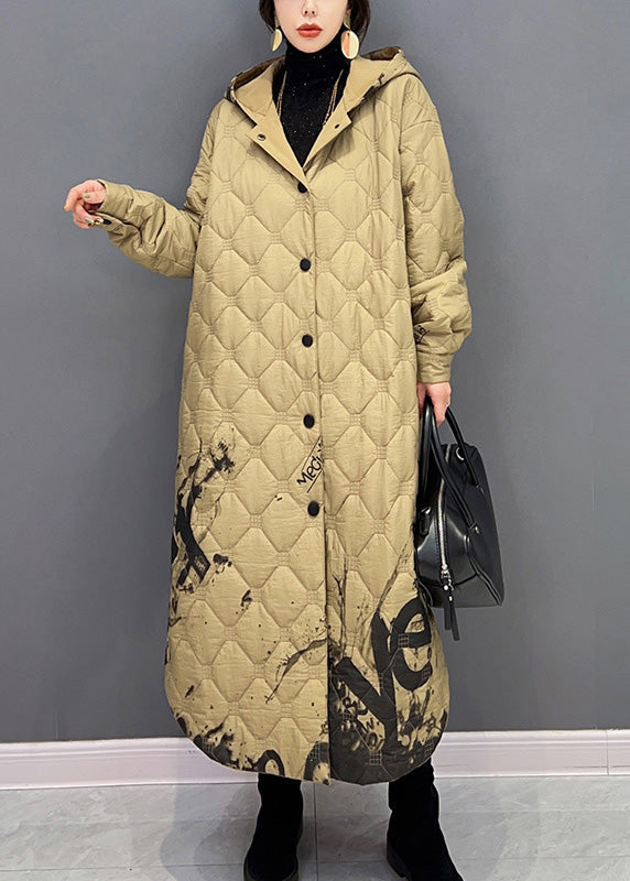 Khaki Warm Fleece Thick Button Long Hooded Parka Winter