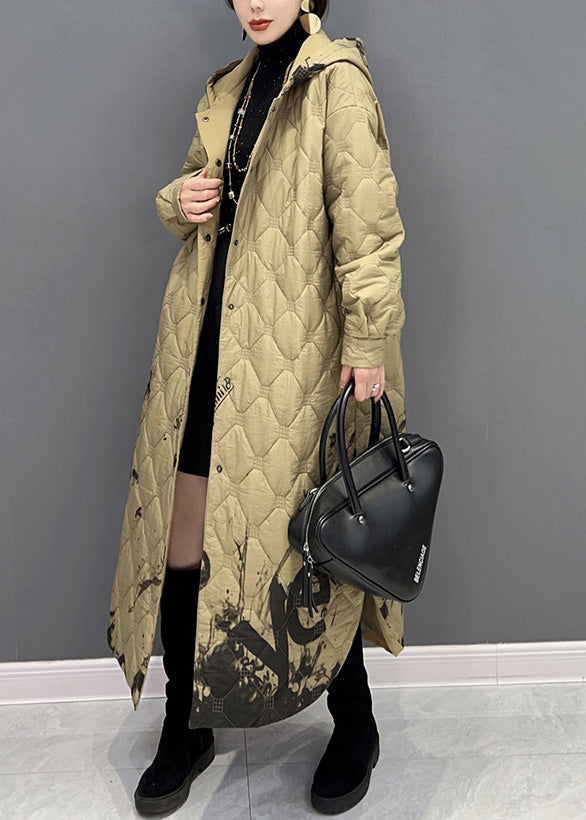 Khaki Warm Fleece Thick Button Long Hooded Parka Winter