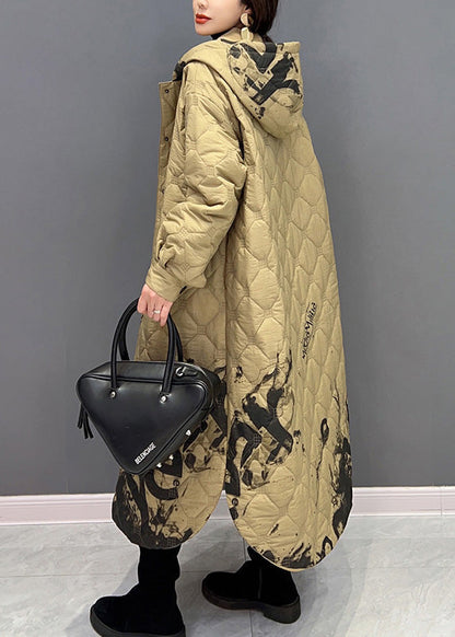 Khaki Warm Fleece Thick Button Long Hooded Parka Winter
