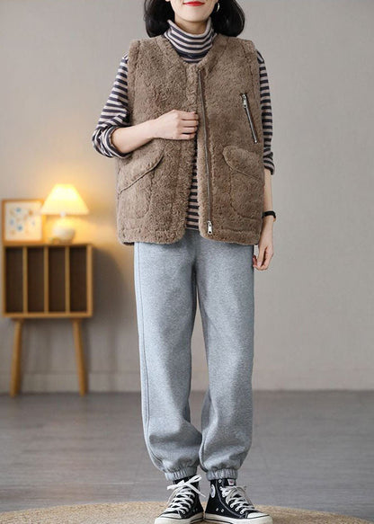 Khaki Zip Up Pockets Fuzzy Fur Fluffy Vest Spring