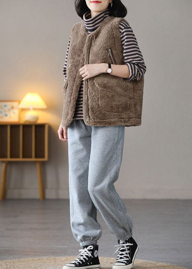 Khaki Zip Up Pockets Fuzzy Fur Fluffy Vest Spring