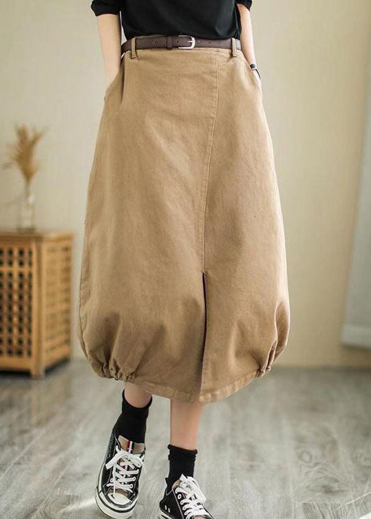 Khaki Side Open High Waist Cotton Skirt Spring