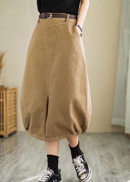 Khaki Side Open High Waist Cotton Skirt Spring
