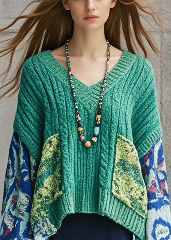 Lake Green Oversized Patchwork Knit Sweater Fall
