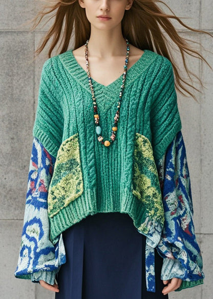 Lake Green Oversized Patchwork Knit Sweater Fall
