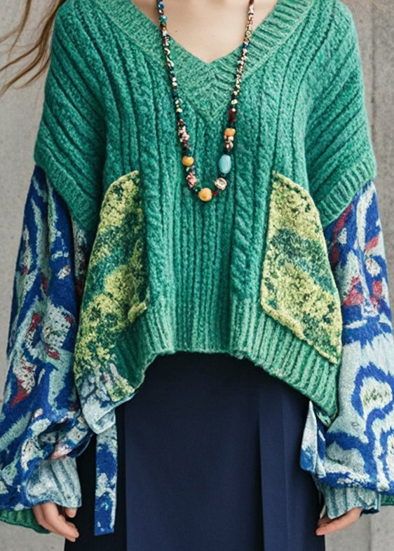 Lake Green Oversized Patchwork Knit Sweater Fall