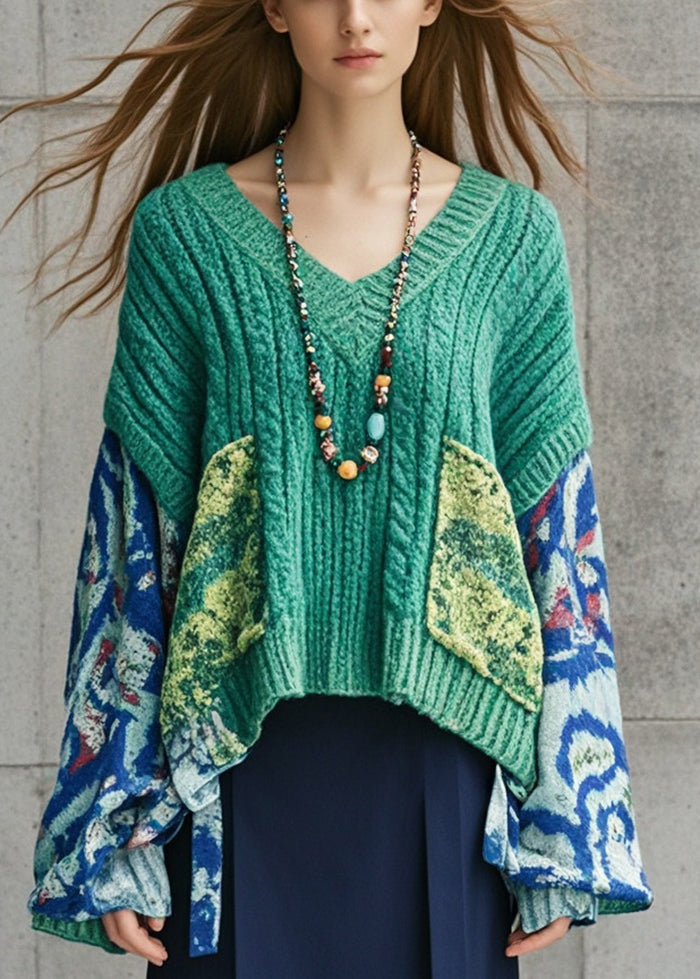 Lake Green Oversized Patchwork Knit Sweater Fall