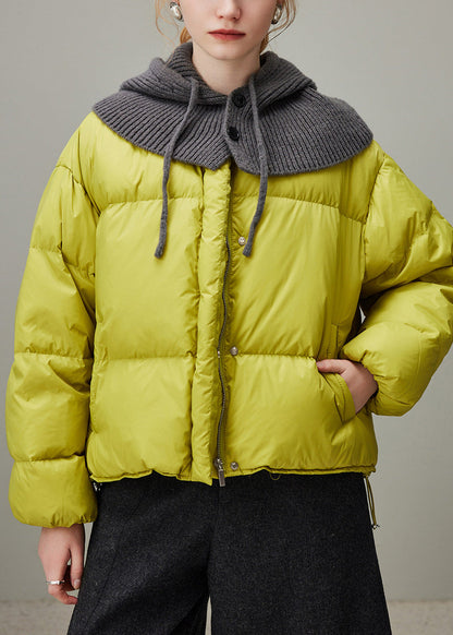 Lemon Green Hooded Zippered Knit Patchwork Duck Down Down Coat Winter