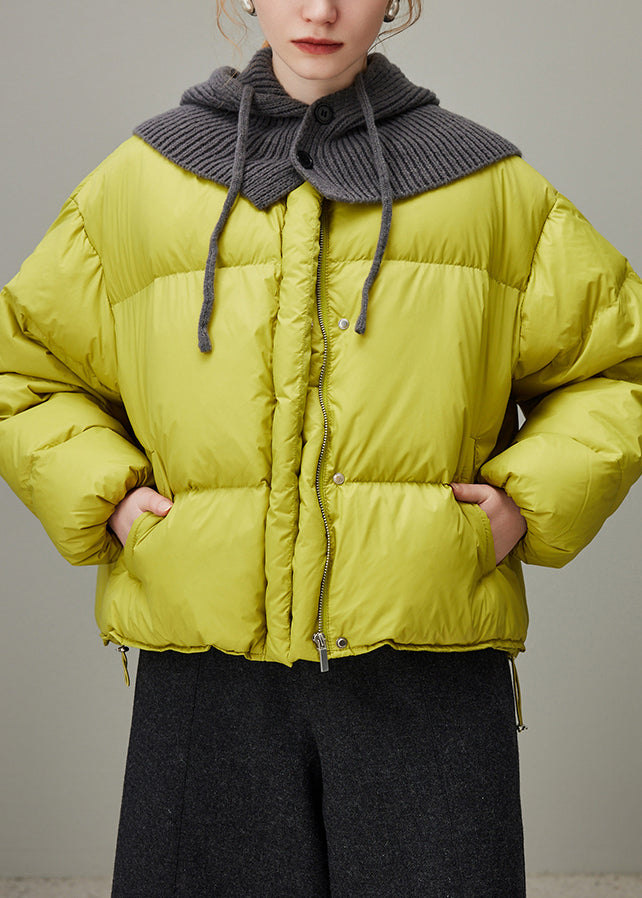 Lemon Green Hooded Zippered Knit Patchwork Duck Down Down Coat Winter