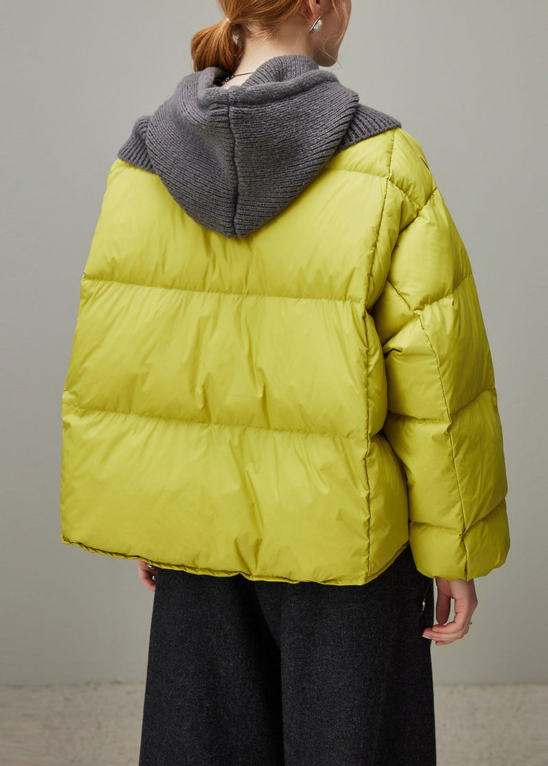 Lemon Green Hooded Zippered Knit Patchwork Duck Down Down Coat Winter