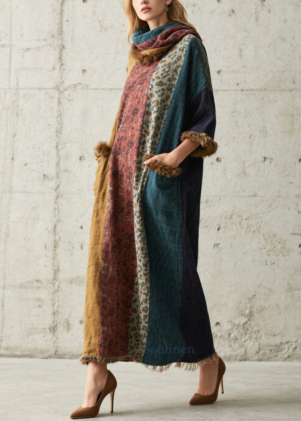 Leopard Print Patchwork Faux Fur Long Dresses Fall
