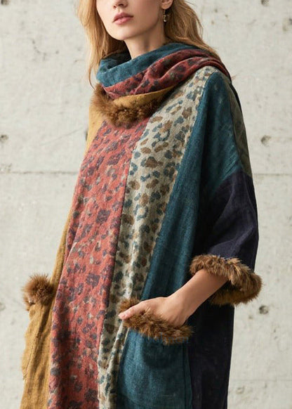 Leopard Print Patchwork Faux Fur Long Dresses Fall