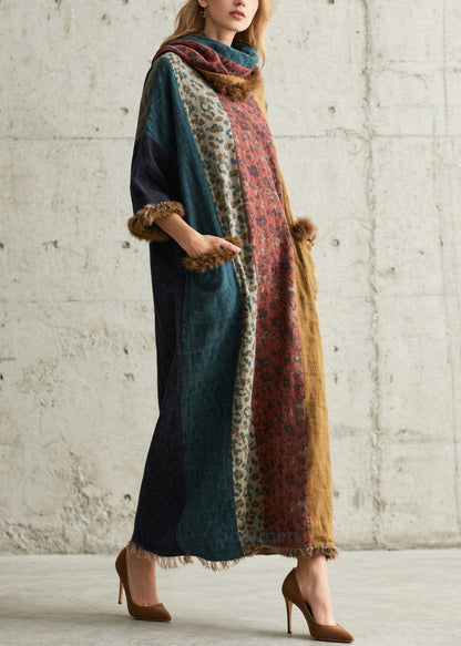 Leopard Print Patchwork Faux Fur Long Dresses Fall