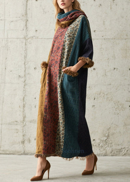 Leopard Print Patchwork Faux Fur Long Dresses Fall