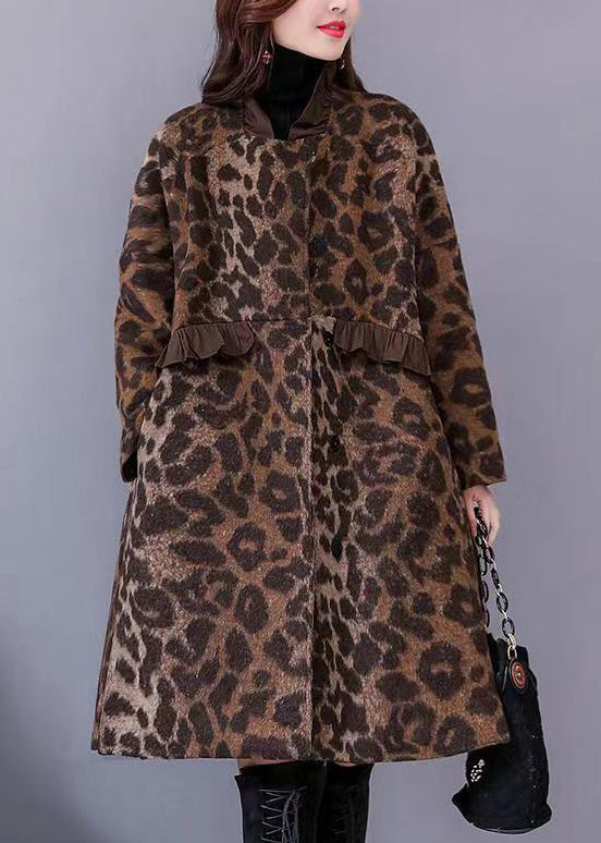 Leopard Ruffled Pockets Thick Woolen Coats Long Sleeve