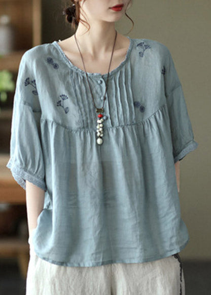 Khaki Feathers Grey Button Linen Tops Half Sleeve