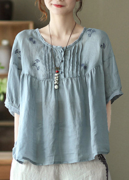 Khaki Feathers Grey Button Linen Tops Half Sleeve