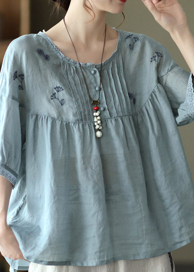 Khaki Feathers Grey Button Linen Tops Half Sleeve