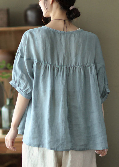 Blue Geometry Grey Button Linen Tops Half Sleeve